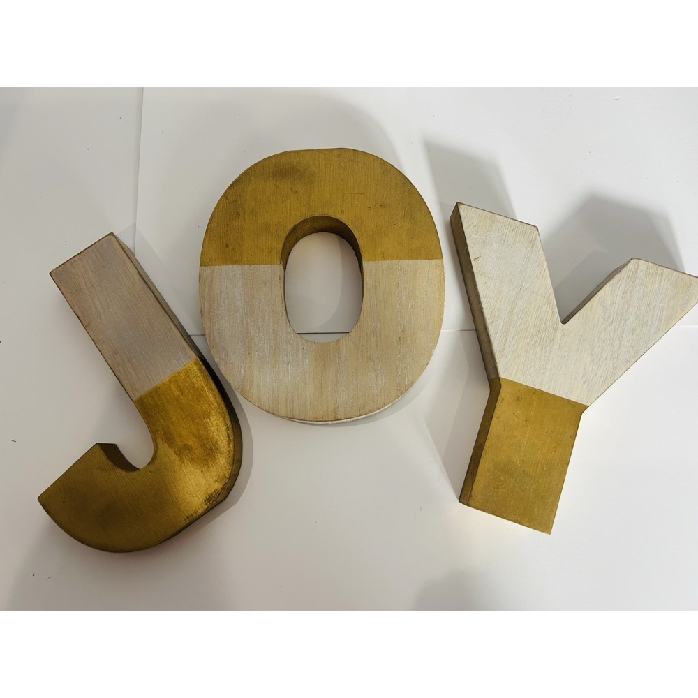 JOY Wooden Letters Gold Ivory Farmhouse‎ Rustic Christmas Mantle Decor 7" Heavy